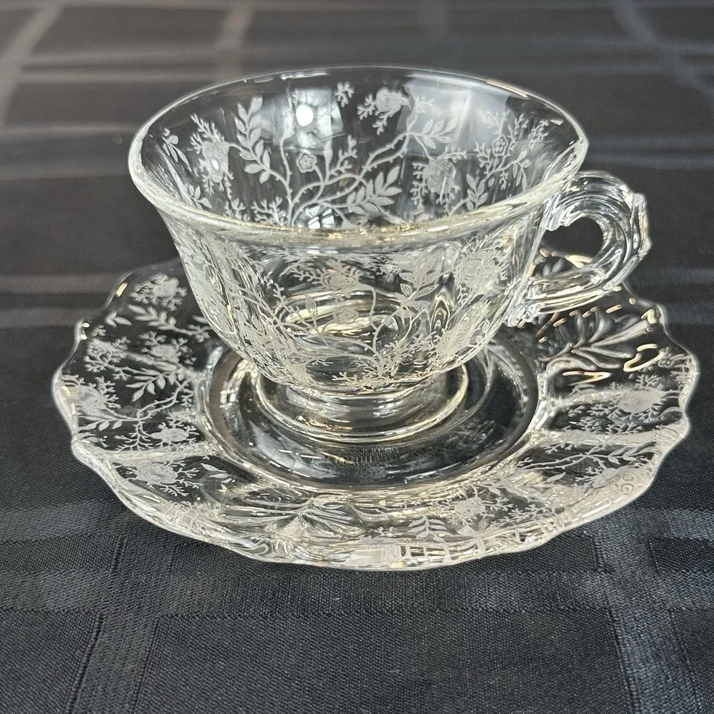 Vintage Fostoria Chintz Trio Set • Etched Glass Cup Saucer Plate • Baroque Blank
